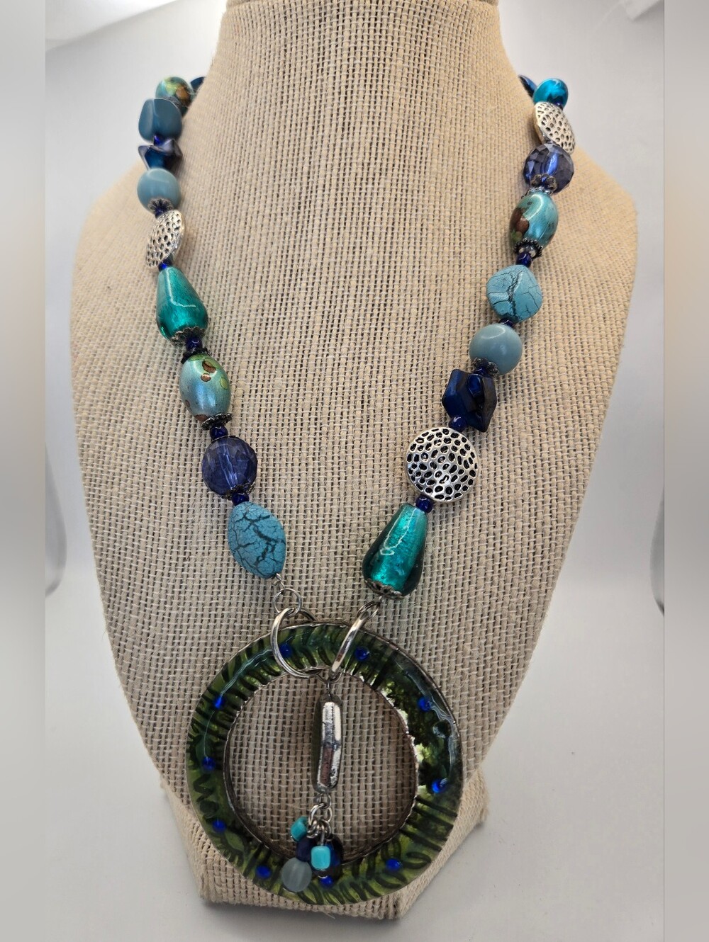 Aris Turquoise Blue Glass Beaded Necklace LG Green Pendant Silver Accents Boho